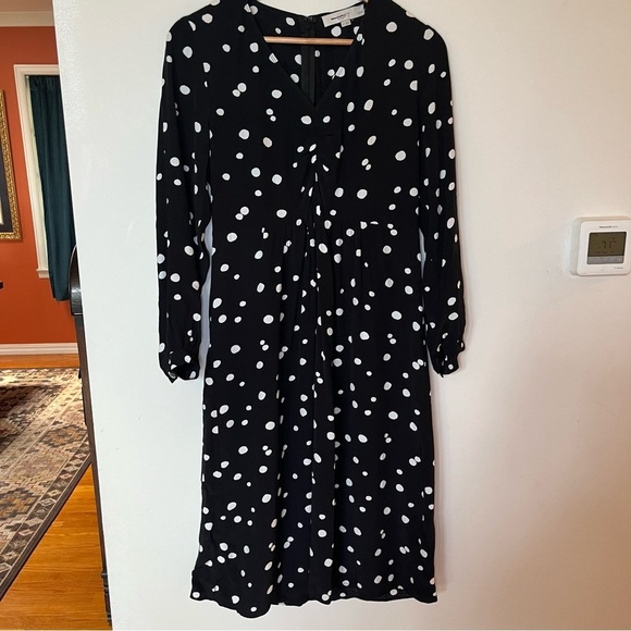 Loft Polka Dot Long Sleeve Front Cinched Artsy V-neck Dress A21 - Picture 1 of 3